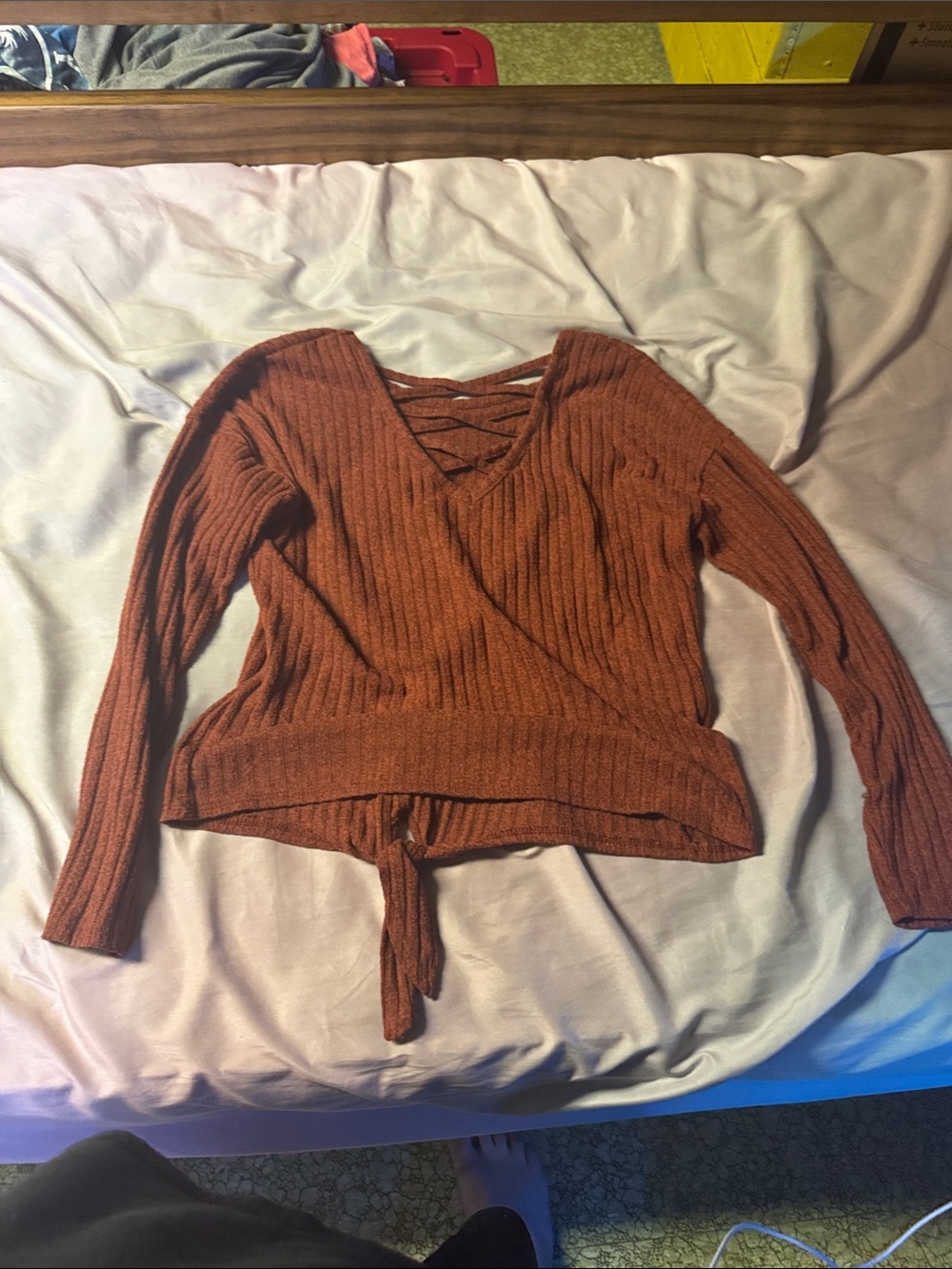 Rust Ribbed V-Neck Tie-Front Sweater